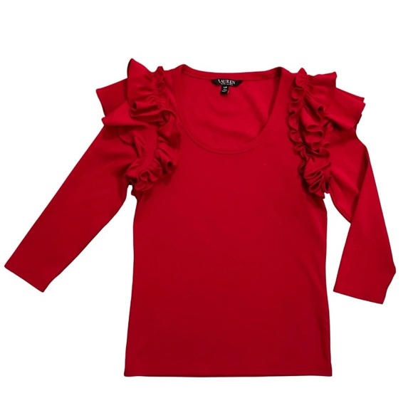 Tops - Lauren Ralph Lauren Red Ruffle Shoulder Top Petite Small 3/4 Sleeve